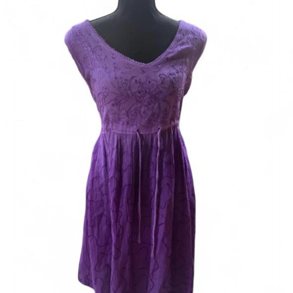 Raya Sun Vintage Purple Crinkle Gauze Boho Embroidered Sequin Midi Dress S L